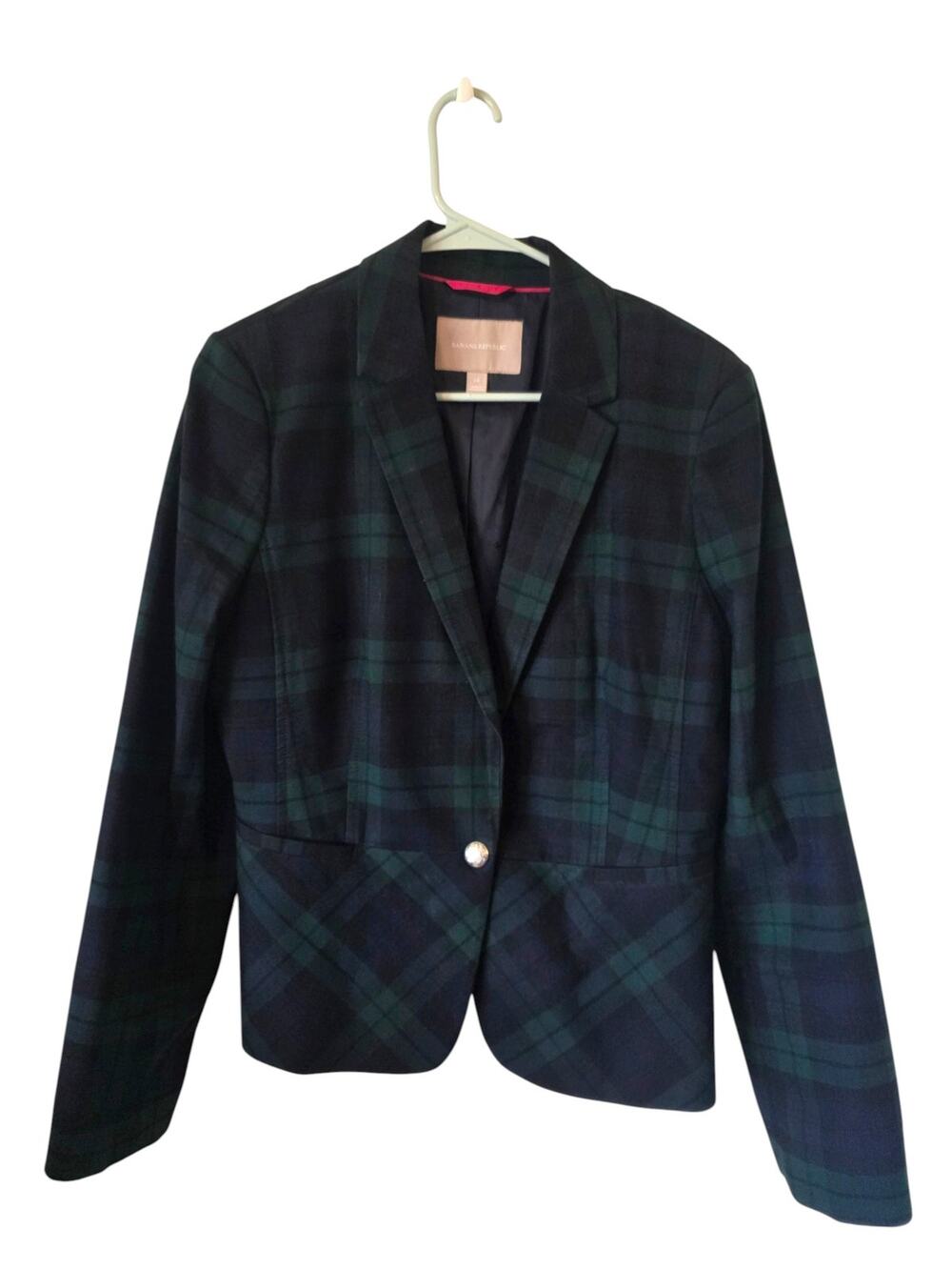 Banana Republic Womens Tartan Plaid Blazer Plus Size 14 Black Green Workwear